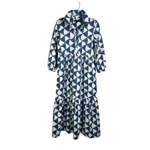 Rachel Zoe Maxi Dress Women XS Cream Blue Geo Balloon Sleeve Tiered Artsy Boho